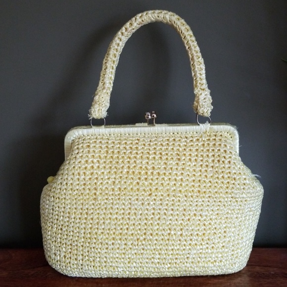 Vintage Mid Century Bradlees Yellow Straw Beaded Bag Made in Japan - Picture 5 of 11